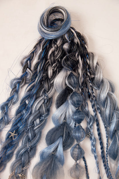 Serena: Two Black, Gray, and Blue Rave Braid Bundles